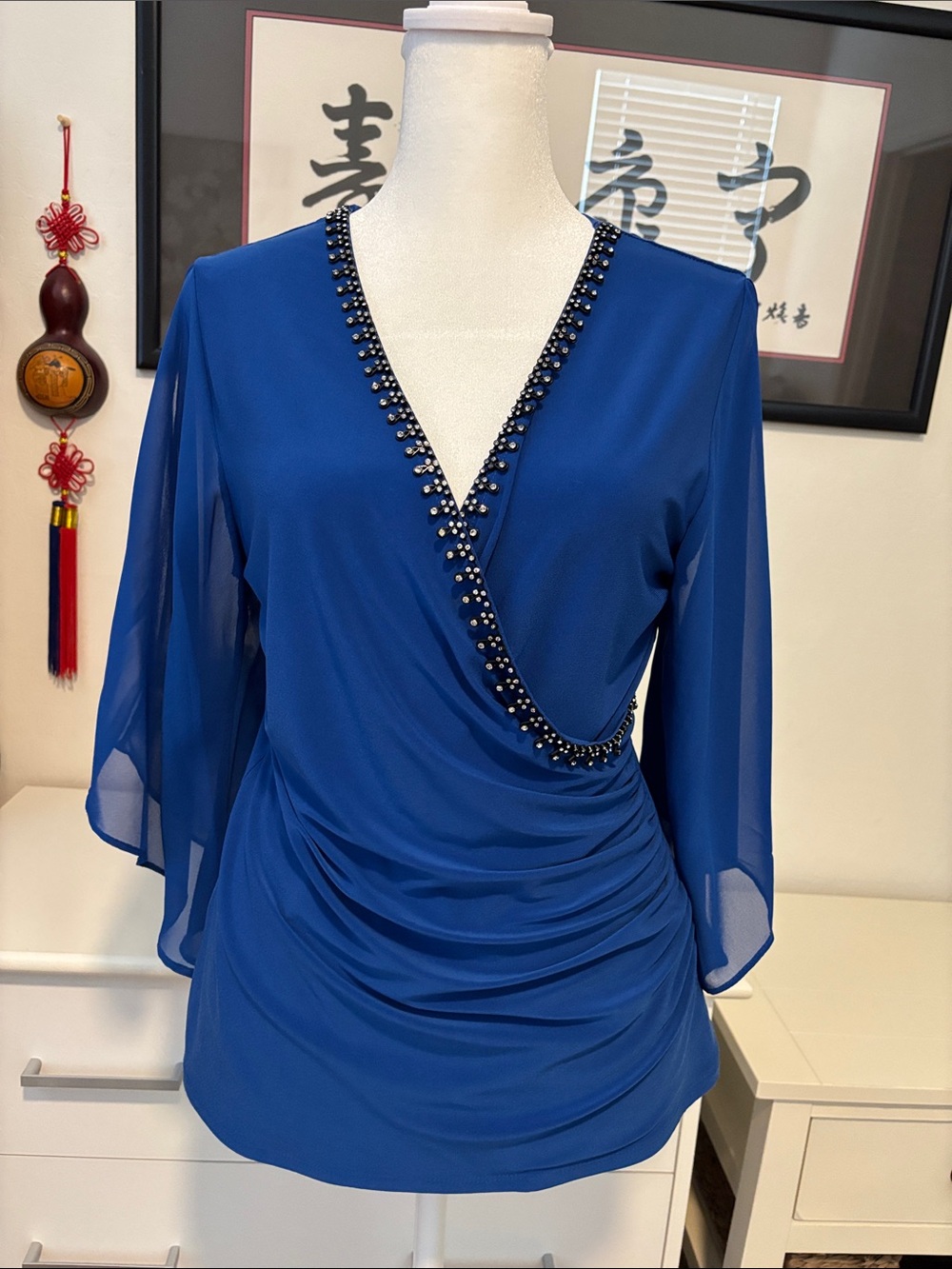 MSK Royal Blue Beaded V-Neck Wrap Blouse